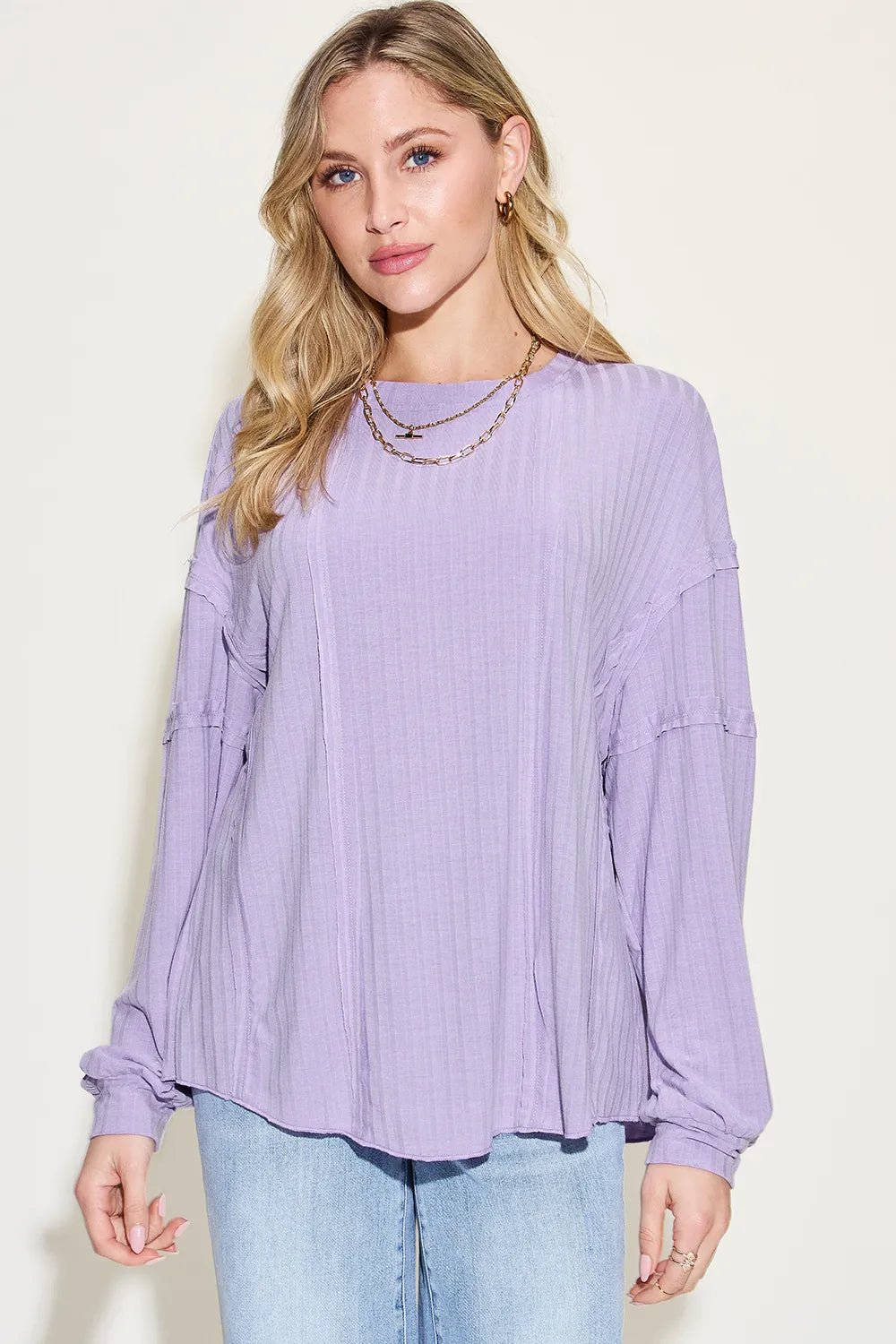 Basic Bae Full Size Ribbed Round Neck Long Sleeve T-Shirt in Lavender
