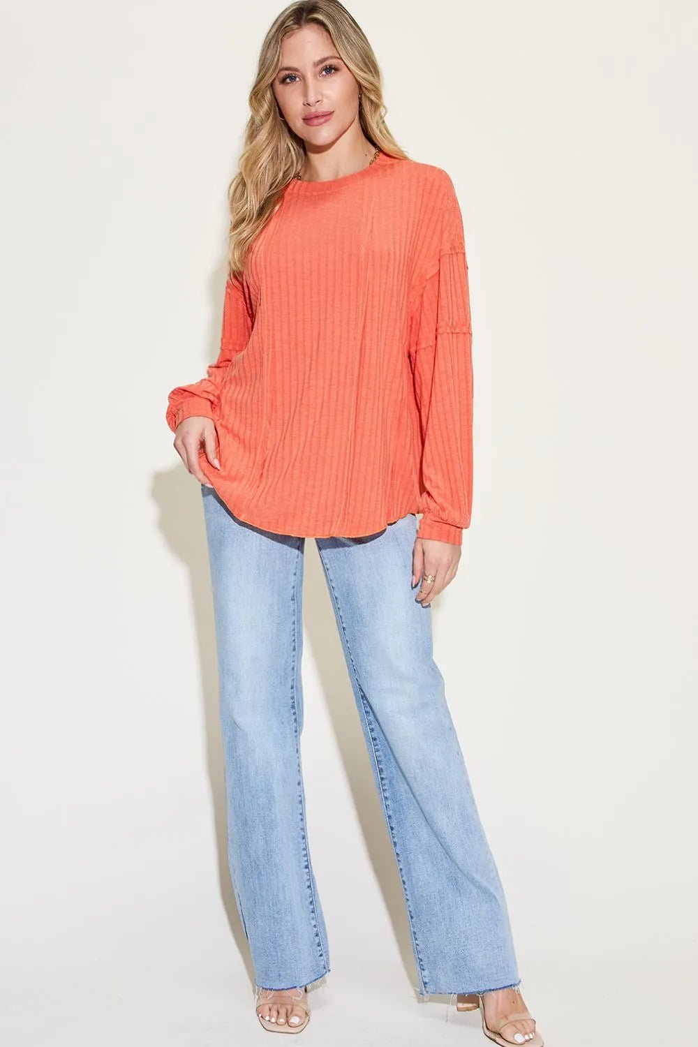 Basic Bae Full Size Ribbed Round Neck Long Sleeve T-Shirt in Orange