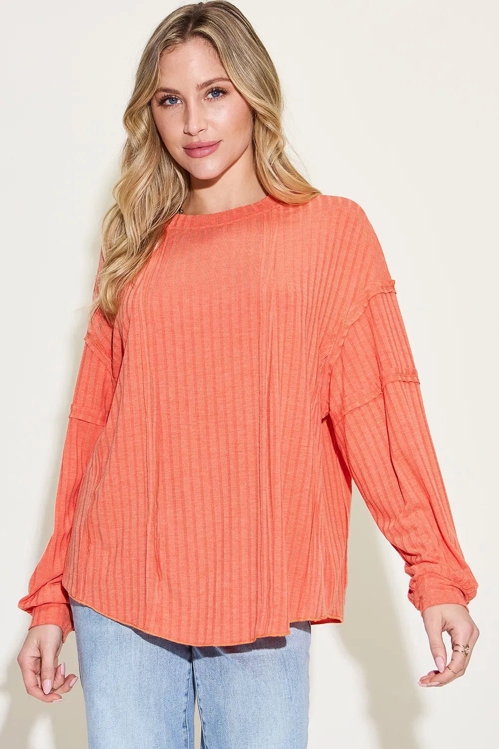 Basic Bae Full Size Ribbed Round Neck Long Sleeve T-Shirt in Orange