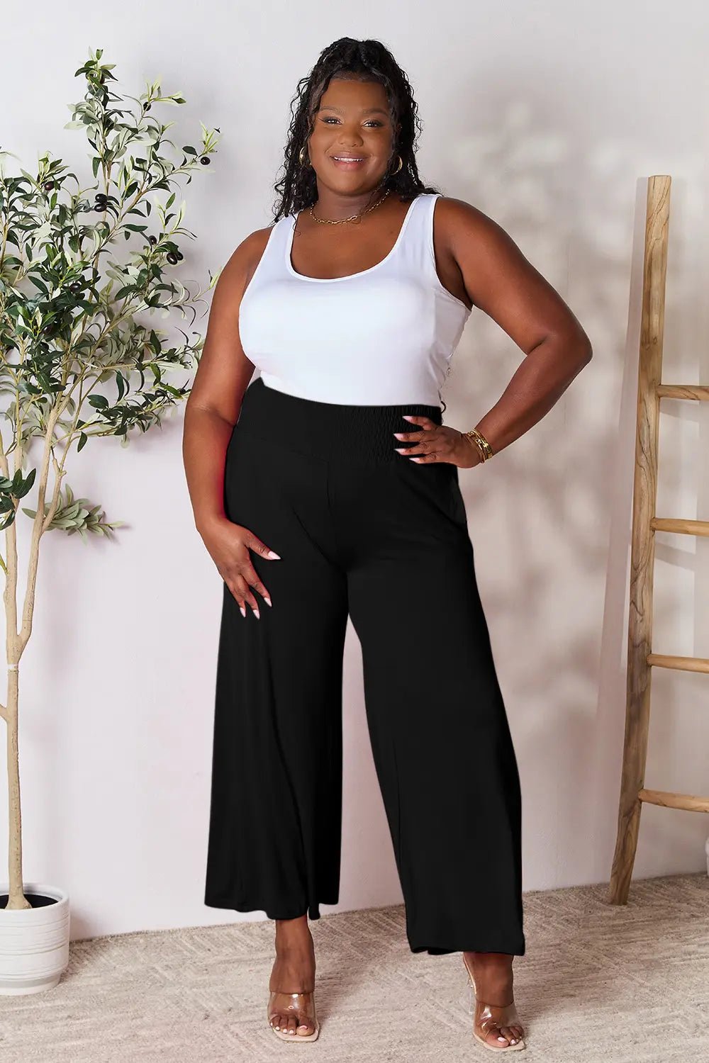Basic Bae Full Size Smocked Wide Waistband Wide Leg Pants in Army Green