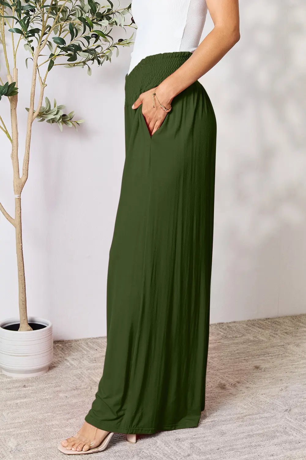 Basic Bae Full Size Smocked Wide Waistband Wide Leg Pants in Army Green