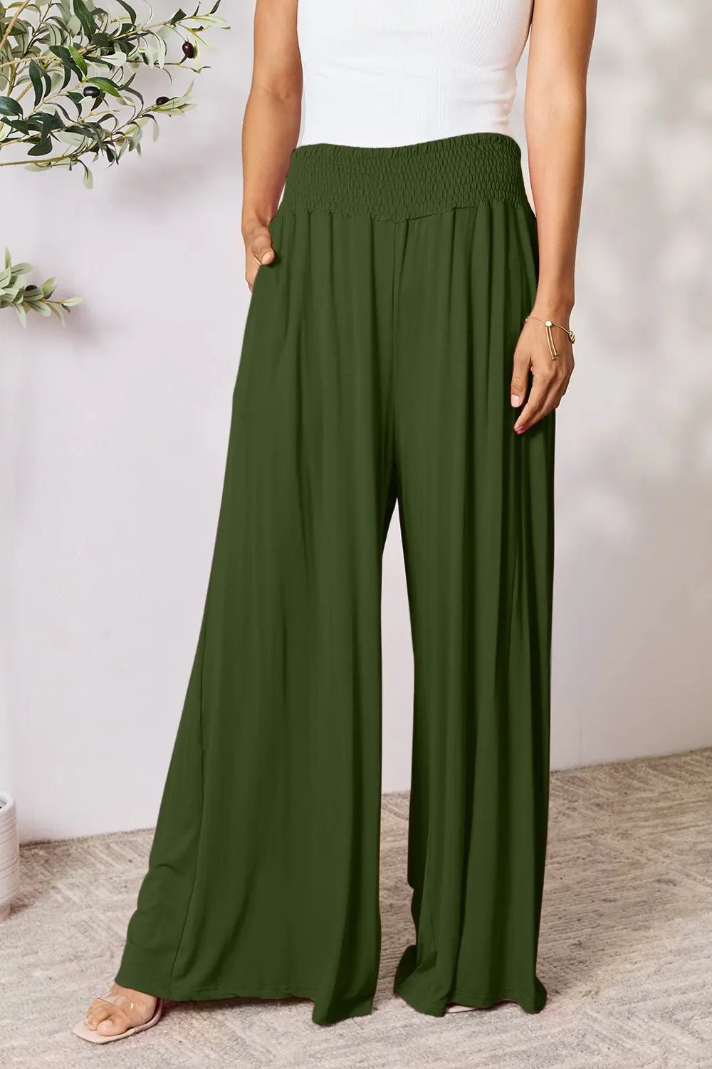 Basic Bae Full Size Smocked Wide Waistband Wide Leg Pants in Army Green