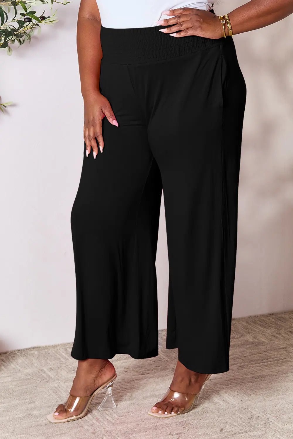 Basic Bae Full Size Smocked Wide Waistband Wide Leg Pants in Army Green