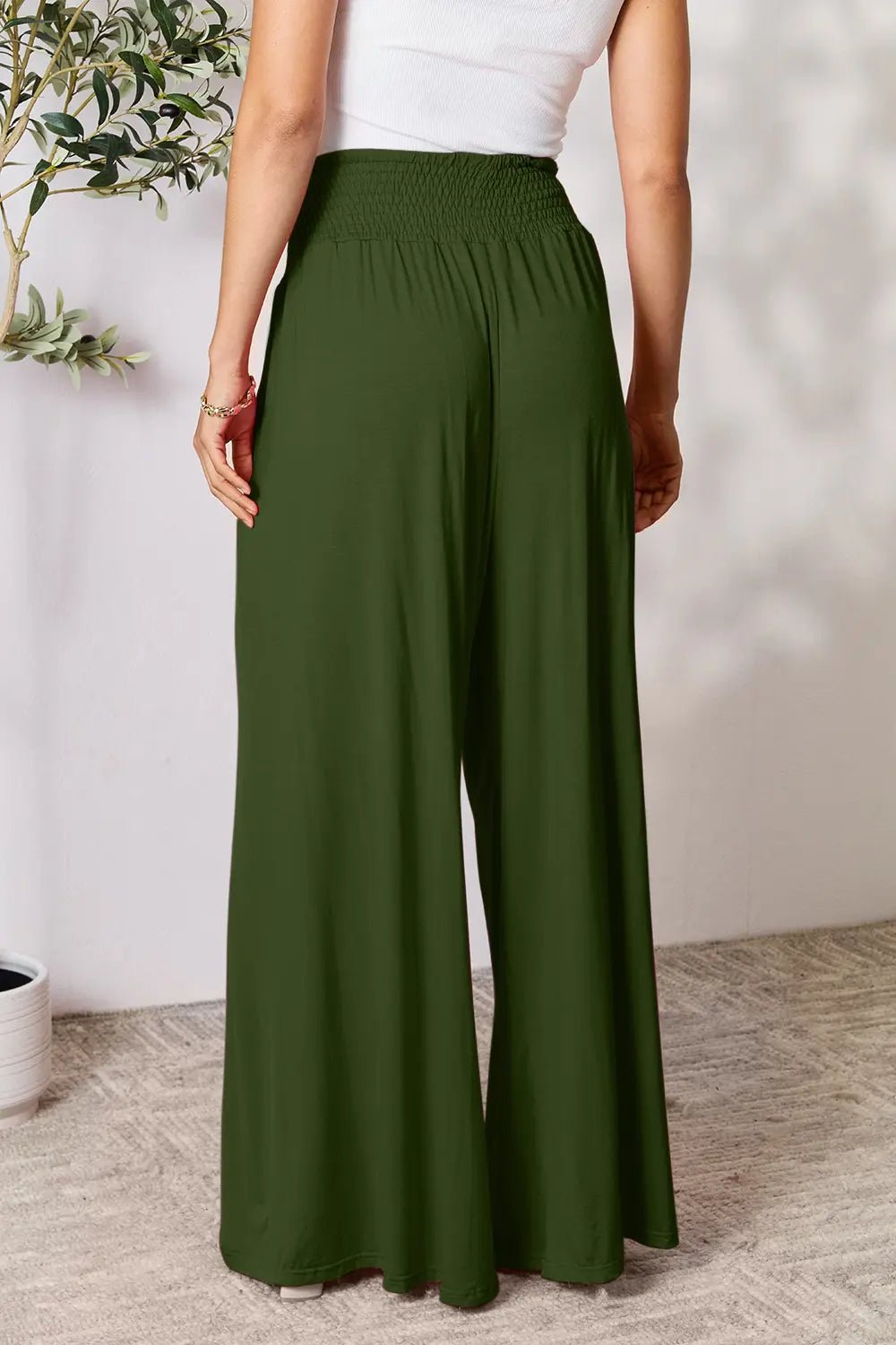 Basic Bae Full Size Smocked Wide Waistband Wide Leg Pants in Army Green