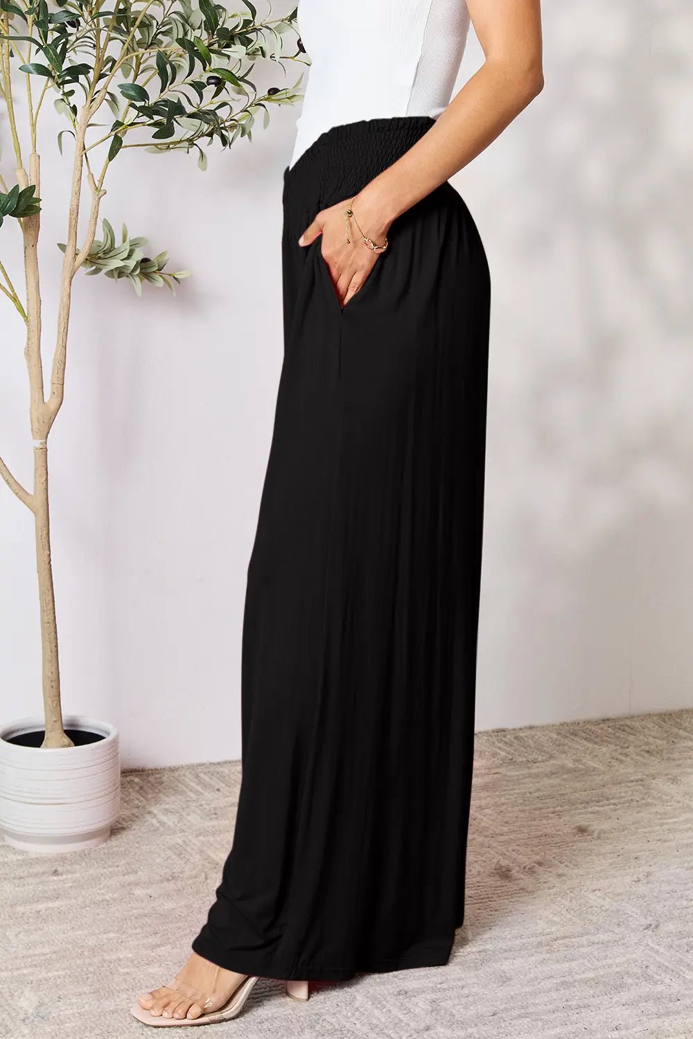 Basic Bae Full Size Smocked Wide Waistband Wide Leg Pants in Black