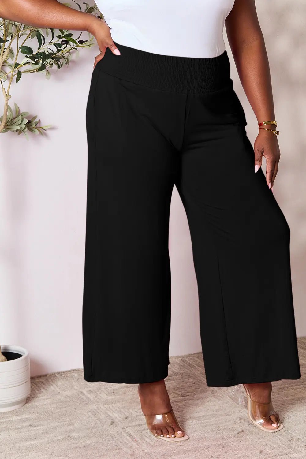 Basic Bae Full Size Smocked Wide Waistband Wide Leg Pants in Black