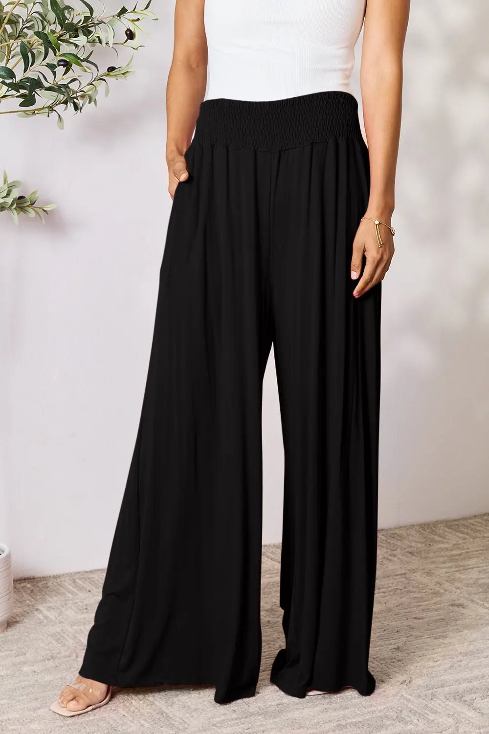 Basic Bae Full Size Smocked Wide Waistband Wide Leg Pants in Black