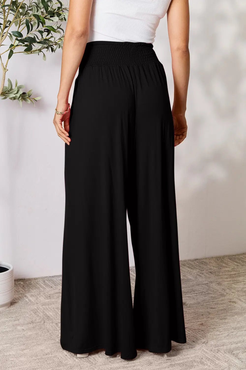 Basic Bae Full Size Smocked Wide Waistband Wide Leg Pants in Black