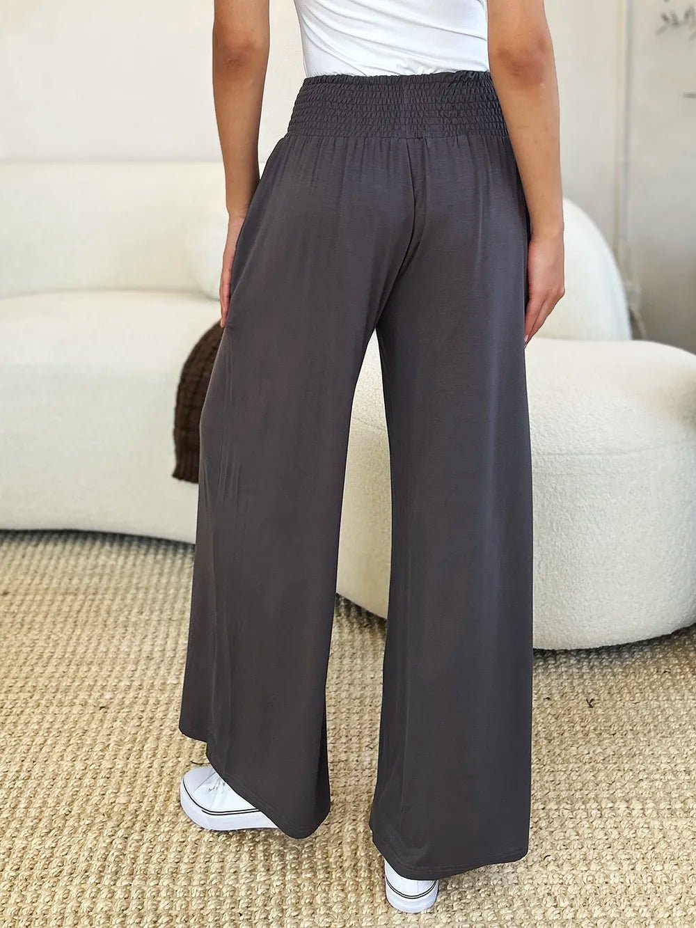 Basic Bae Full Size Smocked Wide Waistband Wide Leg Pants in Dark Gray