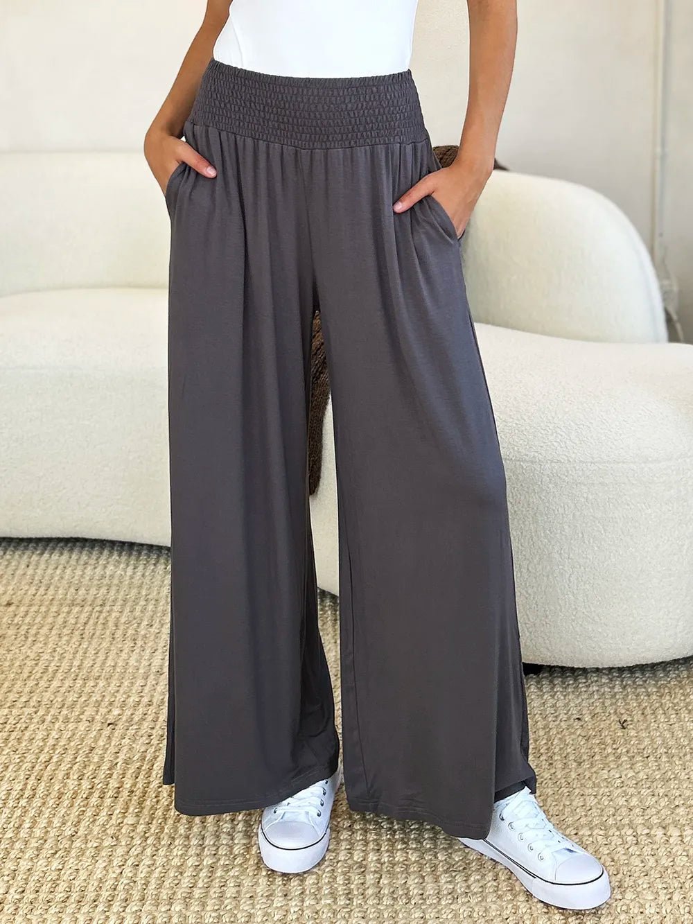 Basic Bae Full Size Smocked Wide Waistband Wide Leg Pants in Dark Gray