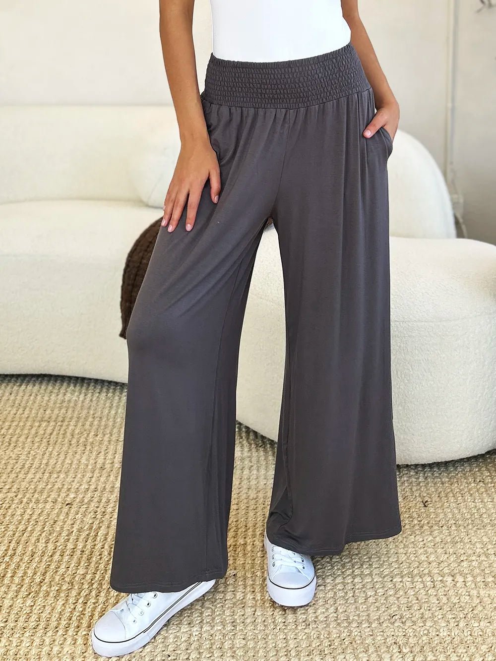 Basic Bae Full Size Smocked Wide Waistband Wide Leg Pants in Dark Gray
