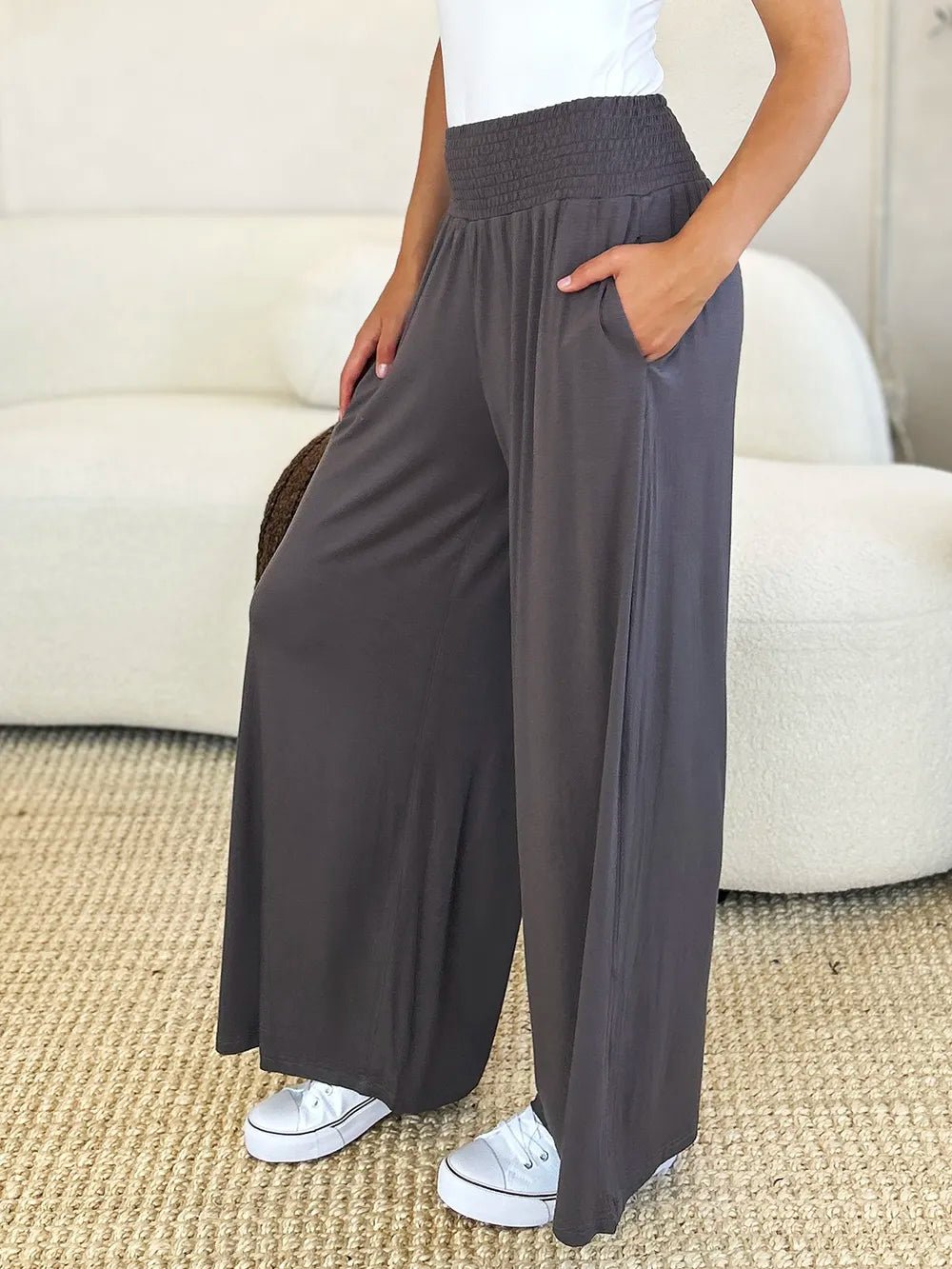 Basic Bae Full Size Smocked Wide Waistband Wide Leg Pants in Dark Gray