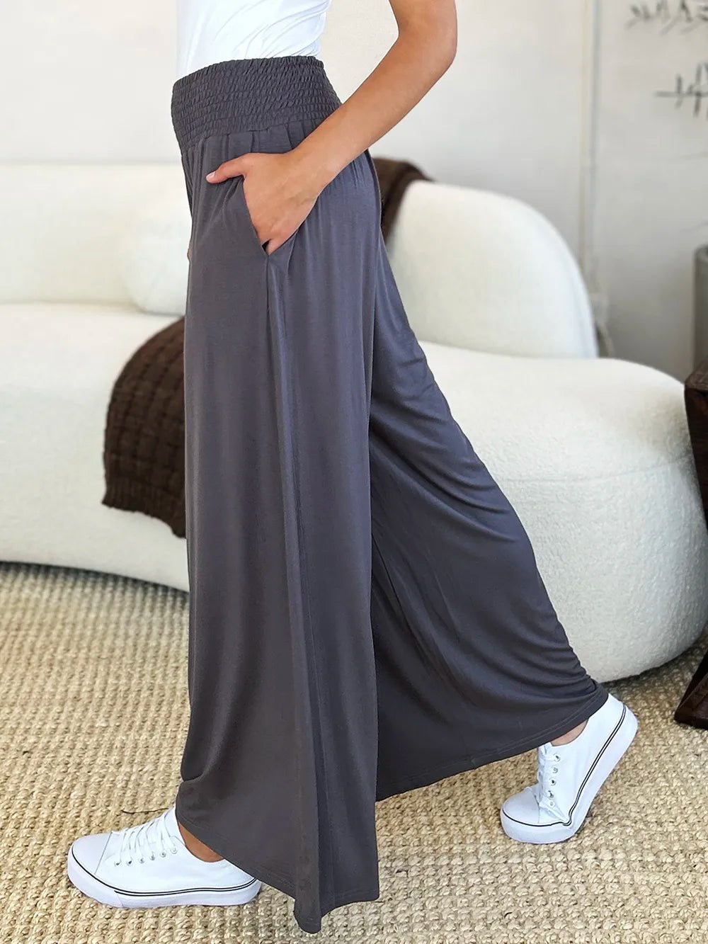Basic Bae Full Size Smocked Wide Waistband Wide Leg Pants in Dark Gray