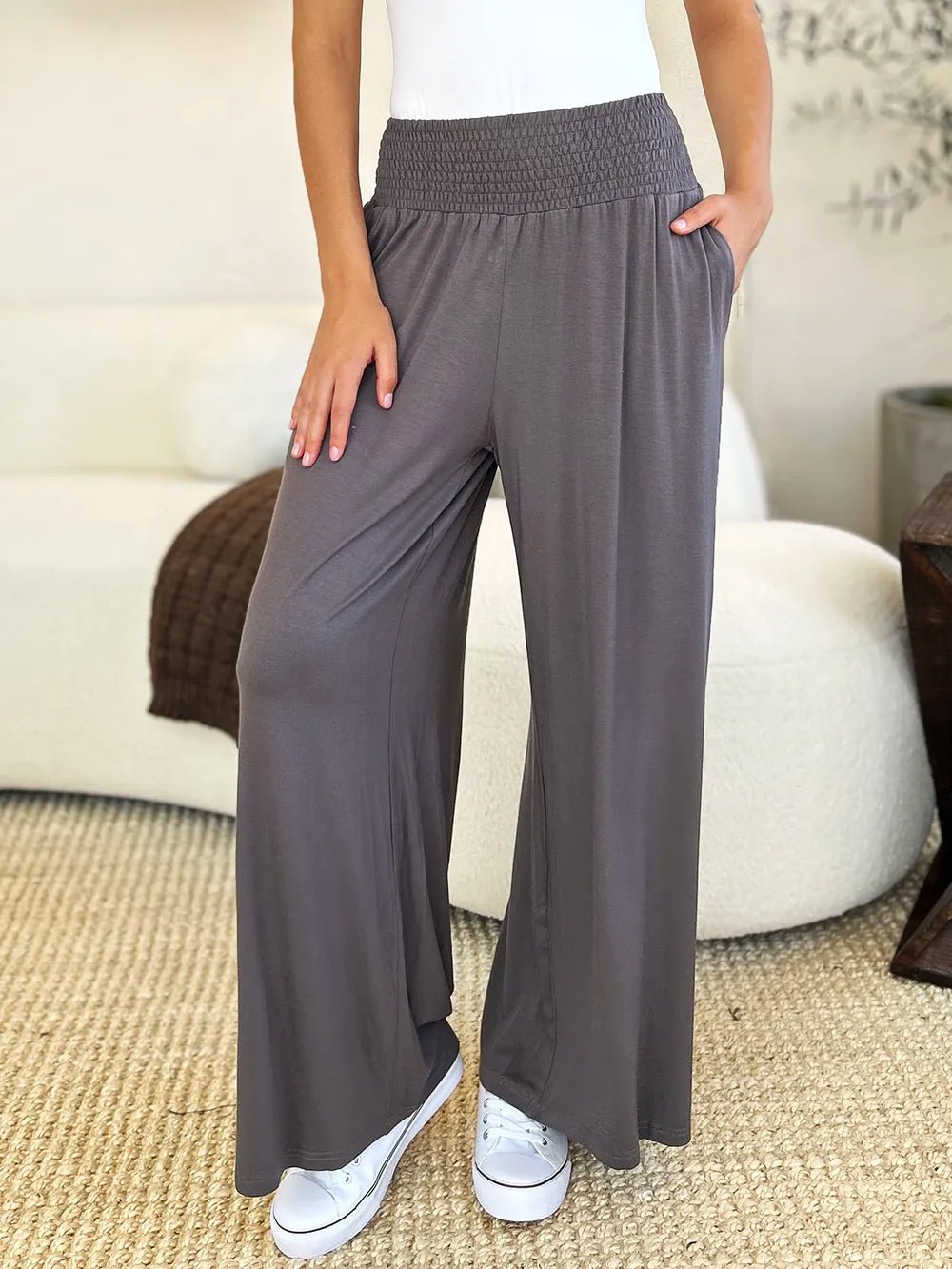 Basic Bae Full Size Smocked Wide Waistband Wide Leg Pants in Dark Gray