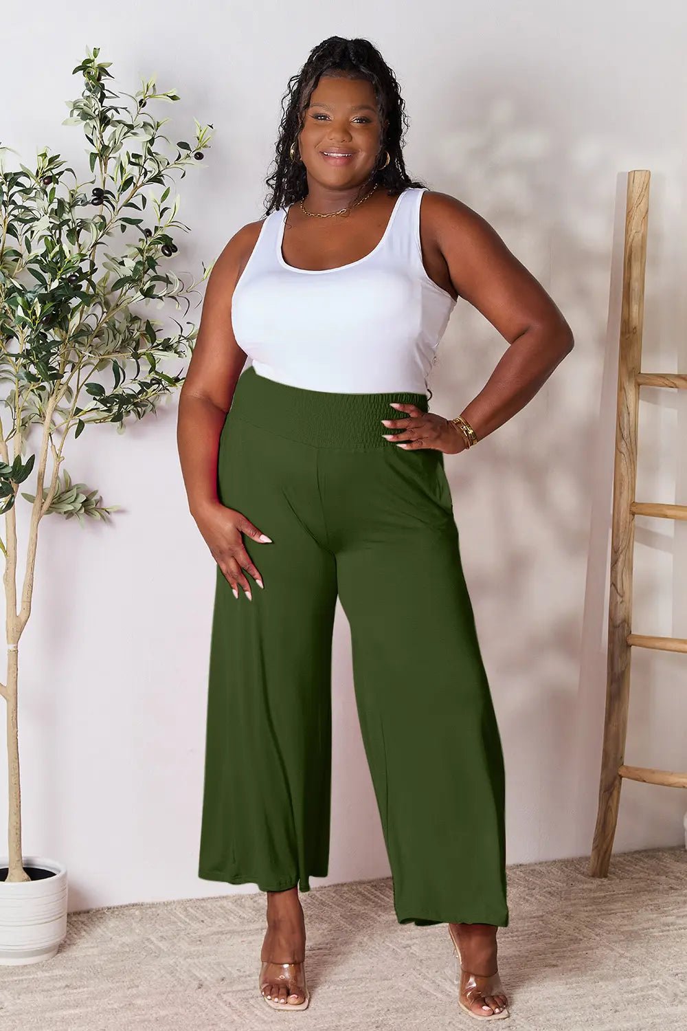 Basic Bae Full Size Smocked Wide Waistband Wide Leg Pants in Hot Pink