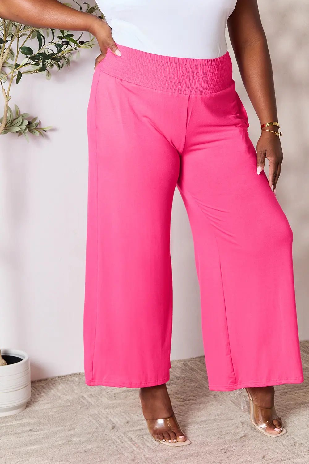 Basic Bae Full Size Smocked Wide Waistband Wide Leg Pants in Hot Pink