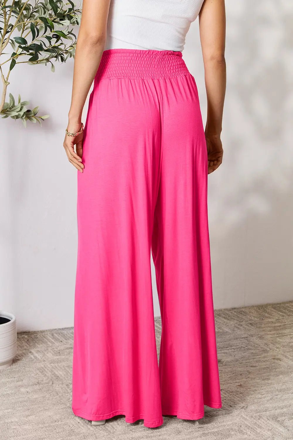 Basic Bae Full Size Smocked Wide Waistband Wide Leg Pants in Hot Pink