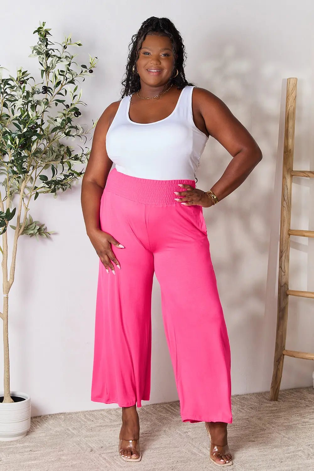 Basic Bae Full Size Smocked Wide Waistband Wide Leg Pants in Hot Pink
