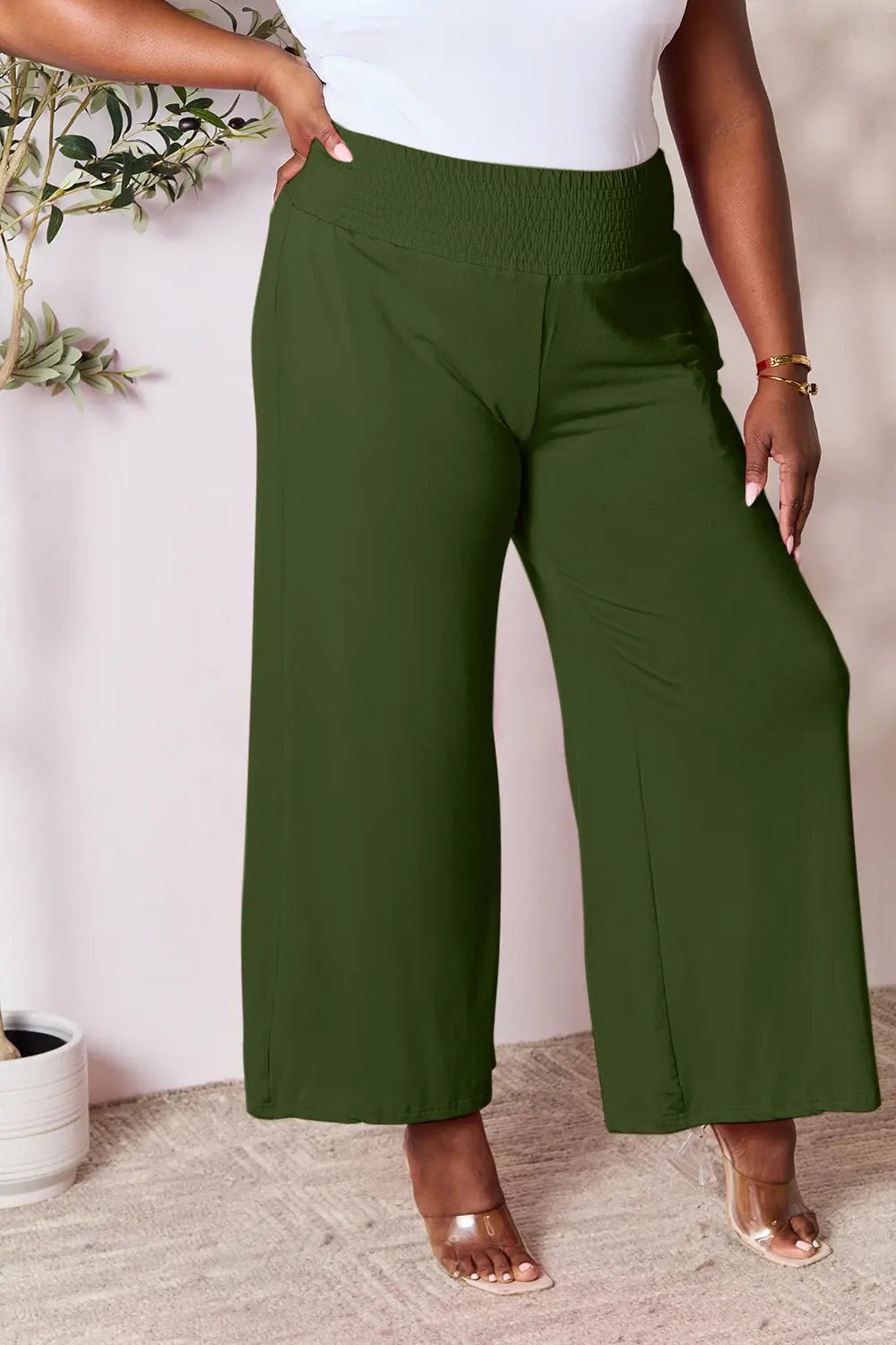 Basic Bae Full Size Smocked Wide Waistband Wide Leg Pants in Hot Pink
