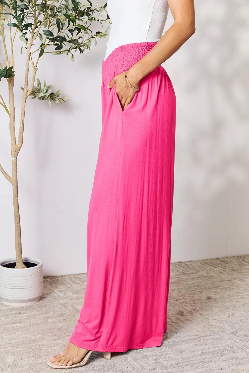 Basic Bae Full Size Smocked Wide Waistband Wide Leg Pants in Hot Pink