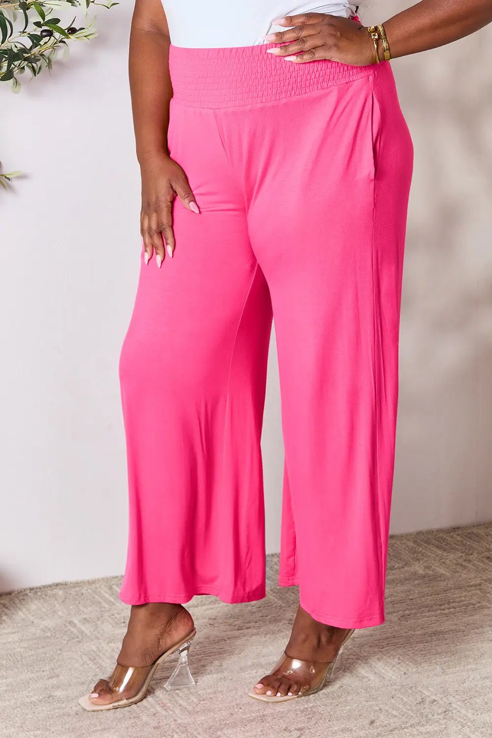 Basic Bae Full Size Smocked Wide Waistband Wide Leg Pants in Hot Pink