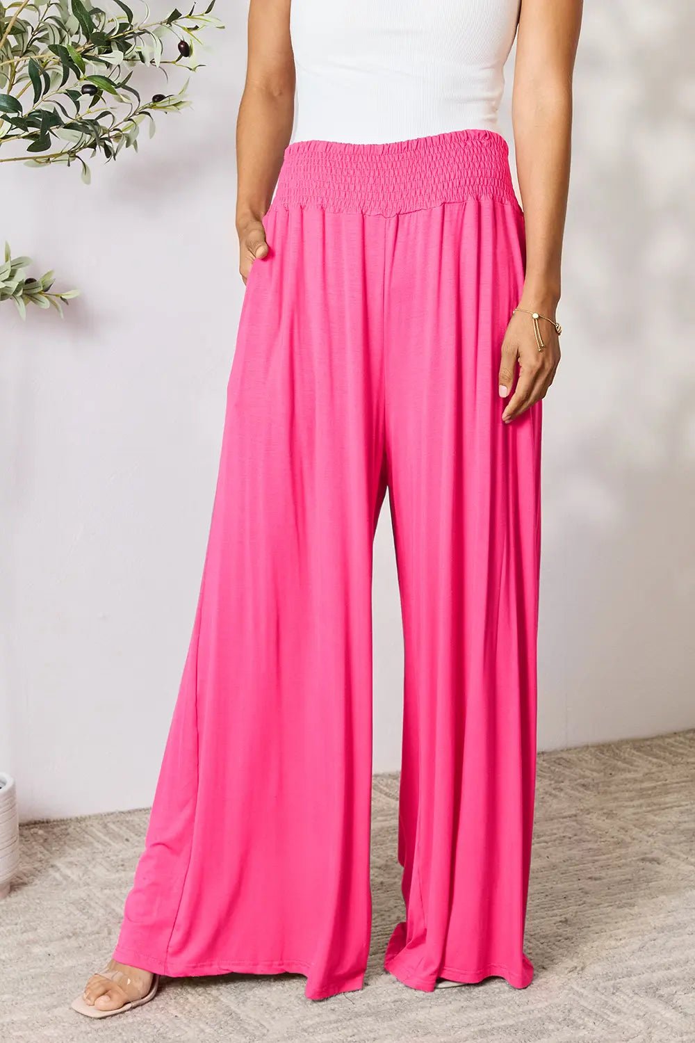 Basic Bae Full Size Smocked Wide Waistband Wide Leg Pants in Hot Pink