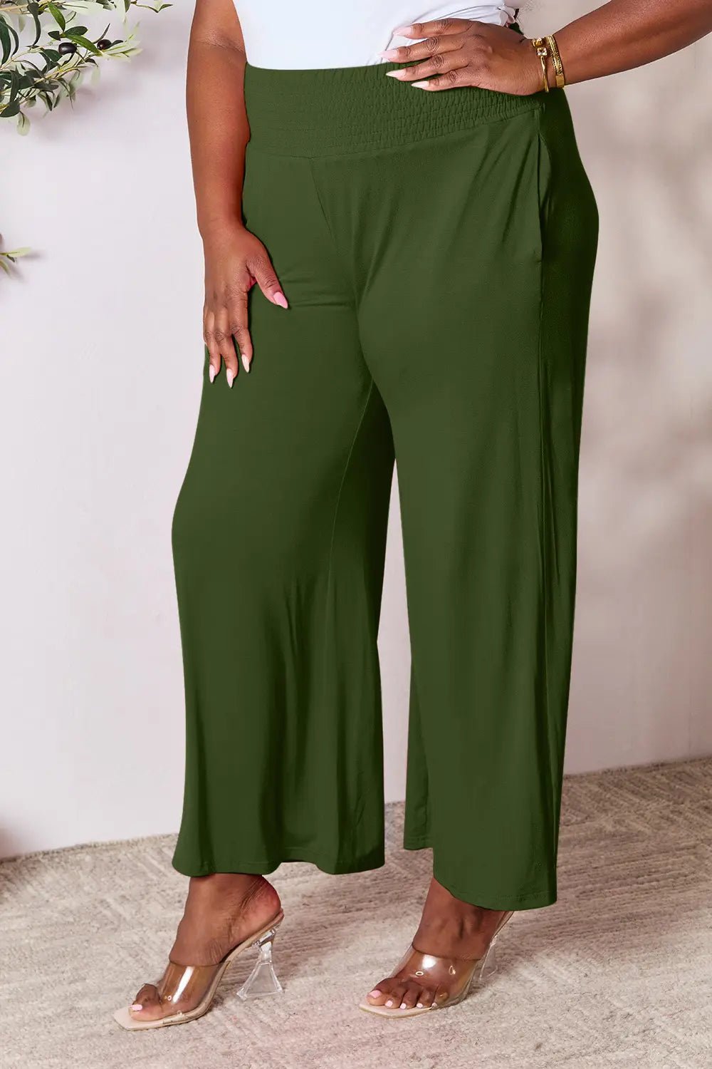 Basic Bae Full Size Smocked Wide Waistband Wide Leg Pants in Hot Pink