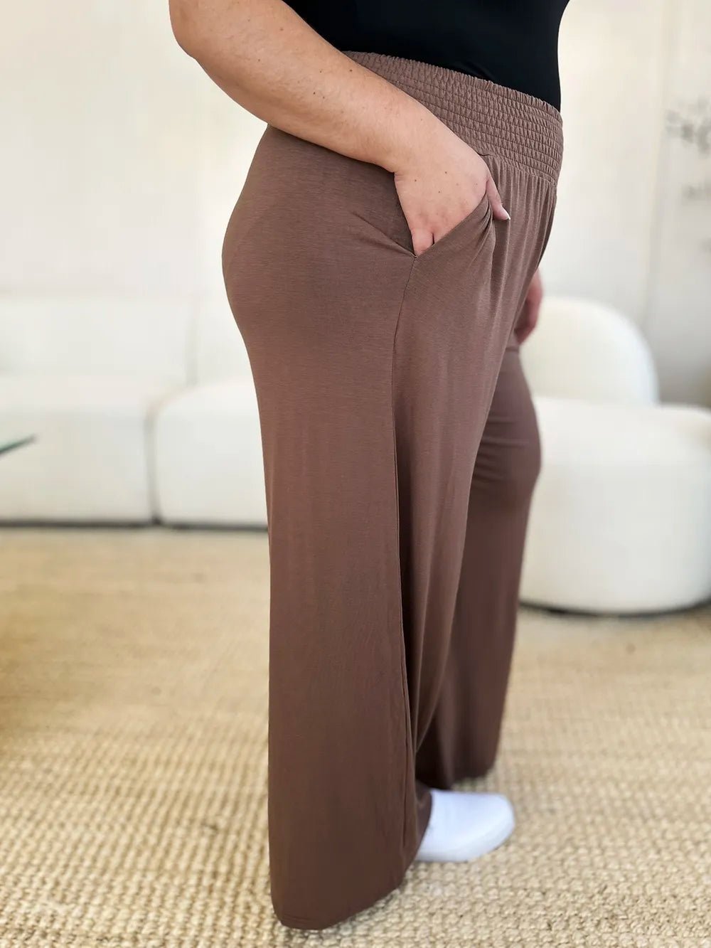 Basic Bae Full Size Smocked Wide Waistband Wide Leg Pants in Mocha
