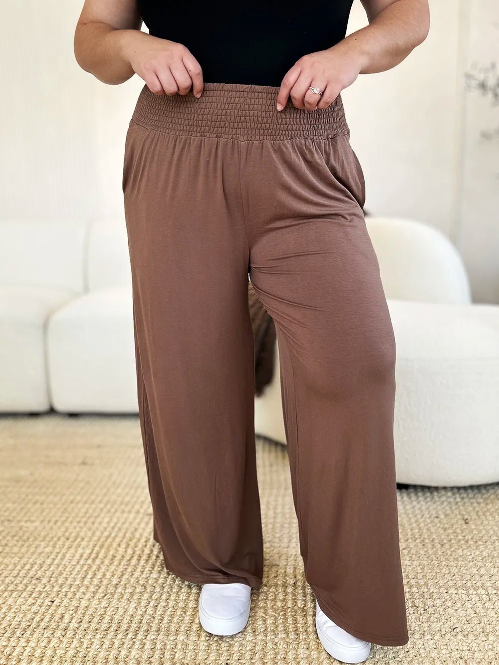 Basic Bae Full Size Smocked Wide Waistband Wide Leg Pants in Mocha