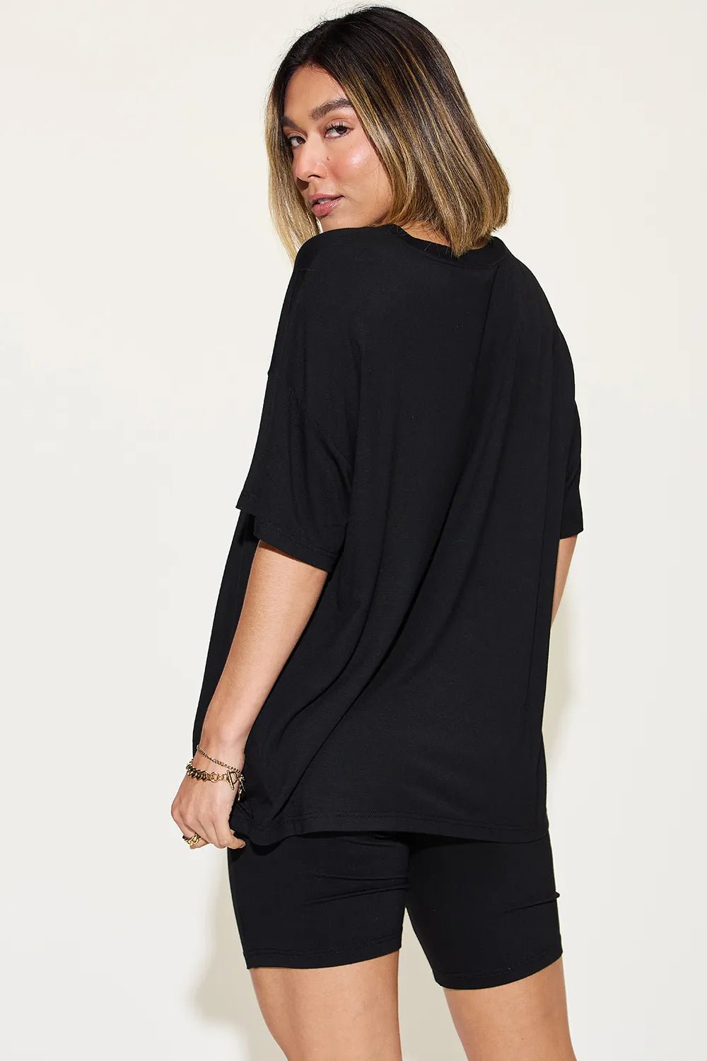 Basic Bae Full Size V - Neck Drop Shoulder T-Shirt and Shorts Set in Black