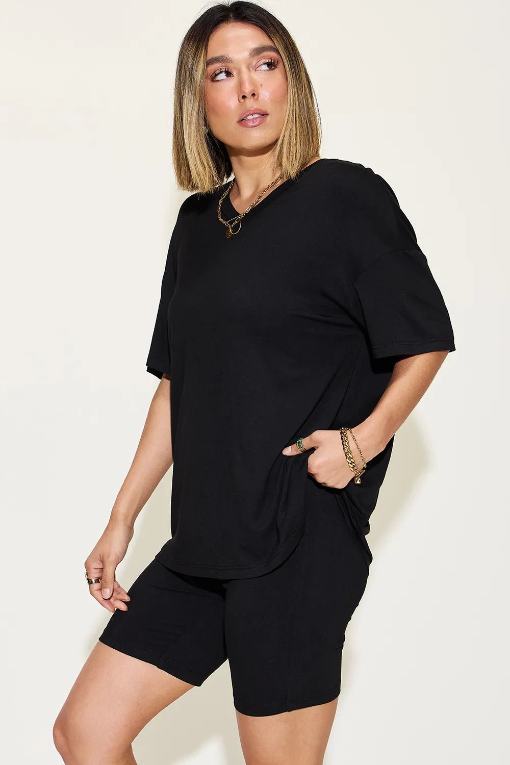 Basic Bae Full Size V - Neck Drop Shoulder T-Shirt and Shorts Set in Black