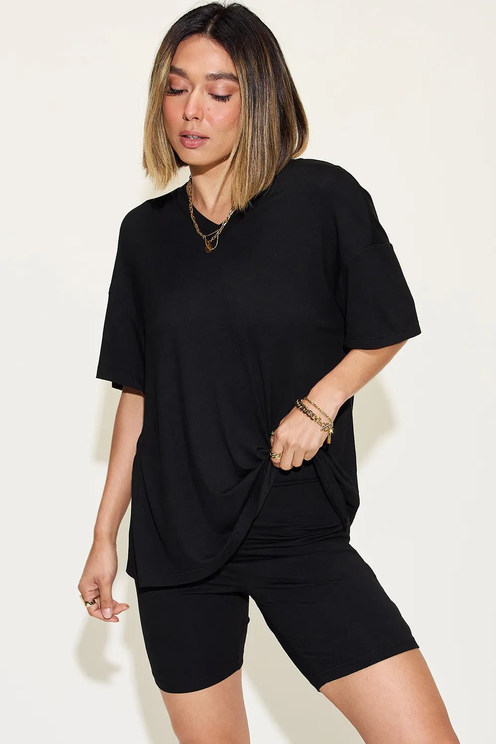 Basic Bae Full Size V - Neck Drop Shoulder T-Shirt and Shorts Set in Black