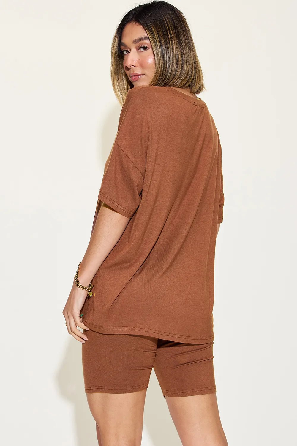 Basic Bae Full Size V - Neck Drop Shoulder T-Shirt and Shorts Set in Brown