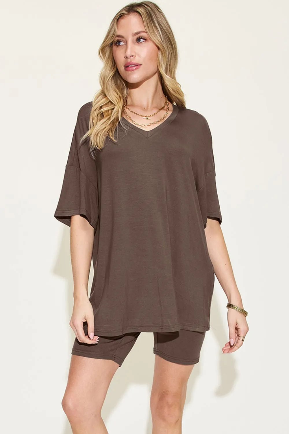 Basic Bae Full Size V - Neck Drop Shoulder T-Shirt and Shorts Set in Chocolate