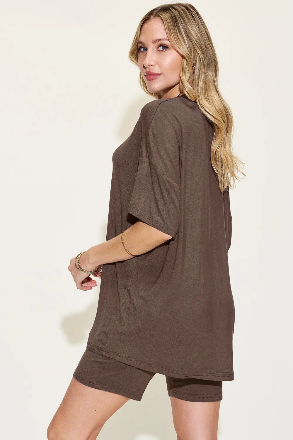 Basic Bae Full Size V - Neck Drop Shoulder T-Shirt and Shorts Set in Chocolate
