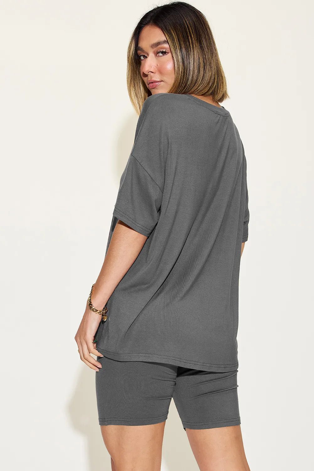 Basic Bae Full Size V - Neck Drop Shoulder T-Shirt and Shorts Set in Dark Gray