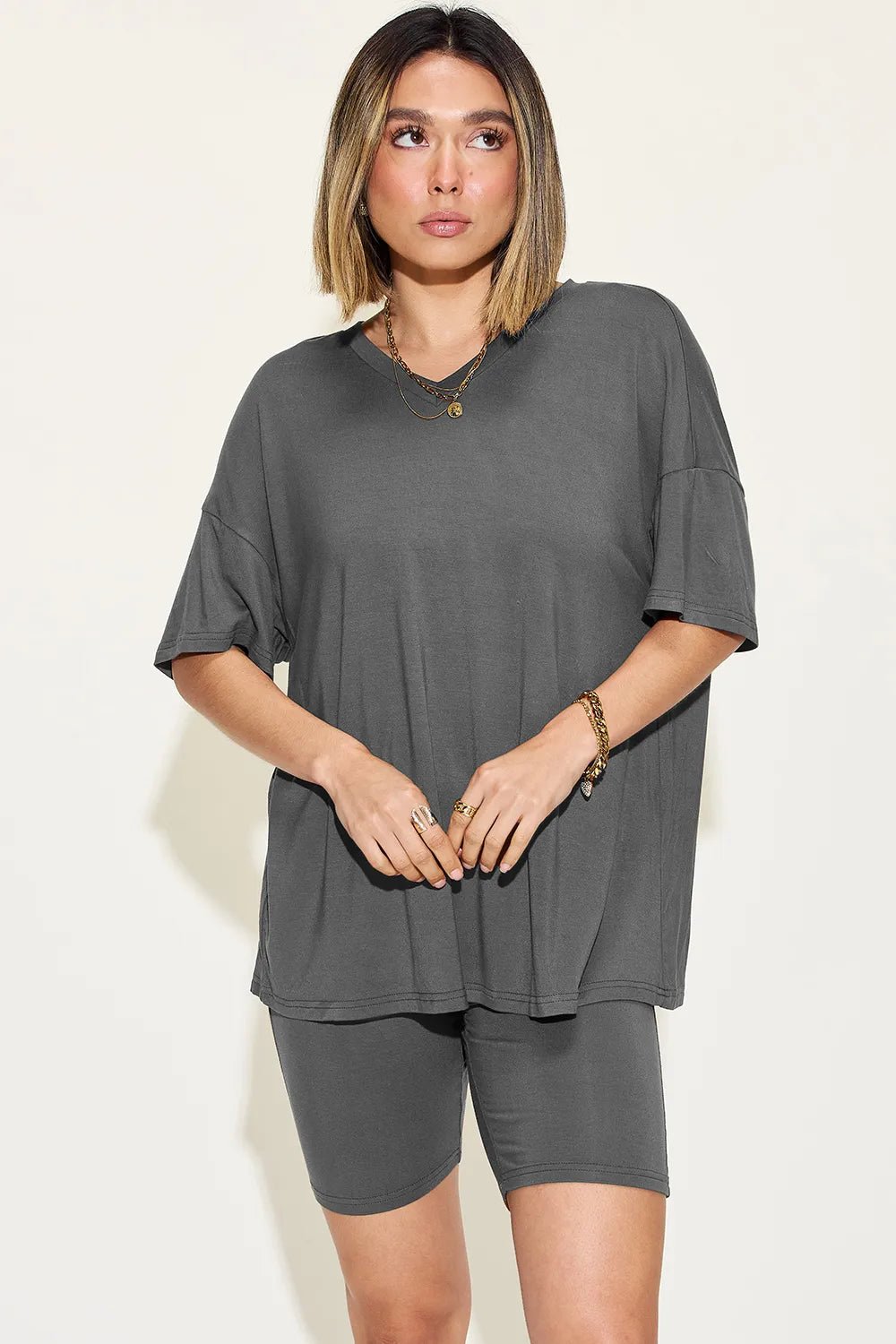 Basic Bae Full Size V - Neck Drop Shoulder T-Shirt and Shorts Set in Dark Gray