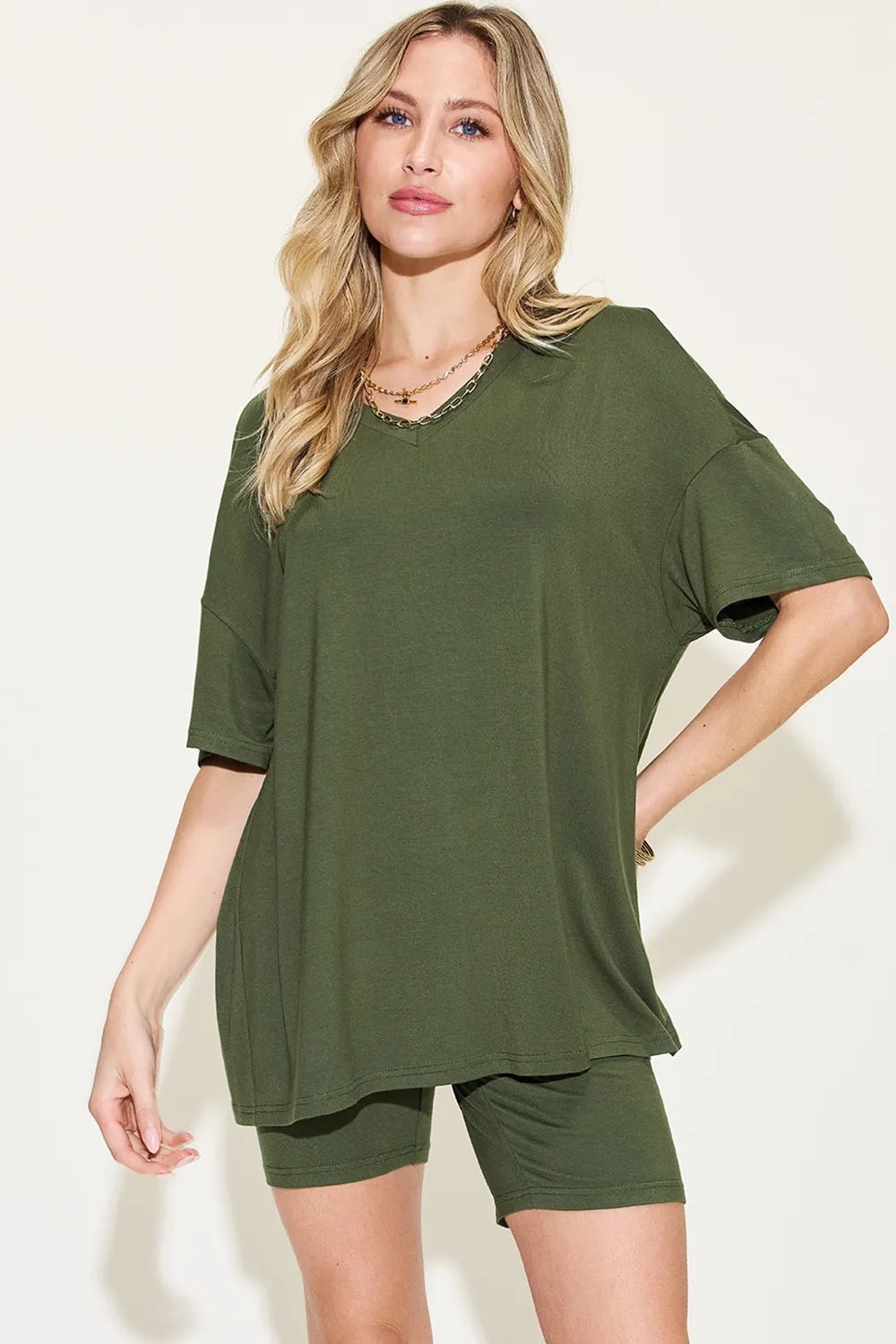 Basic Bae Full Size V - Neck Drop Shoulder T-Shirt and Shorts Set in Matcha Green