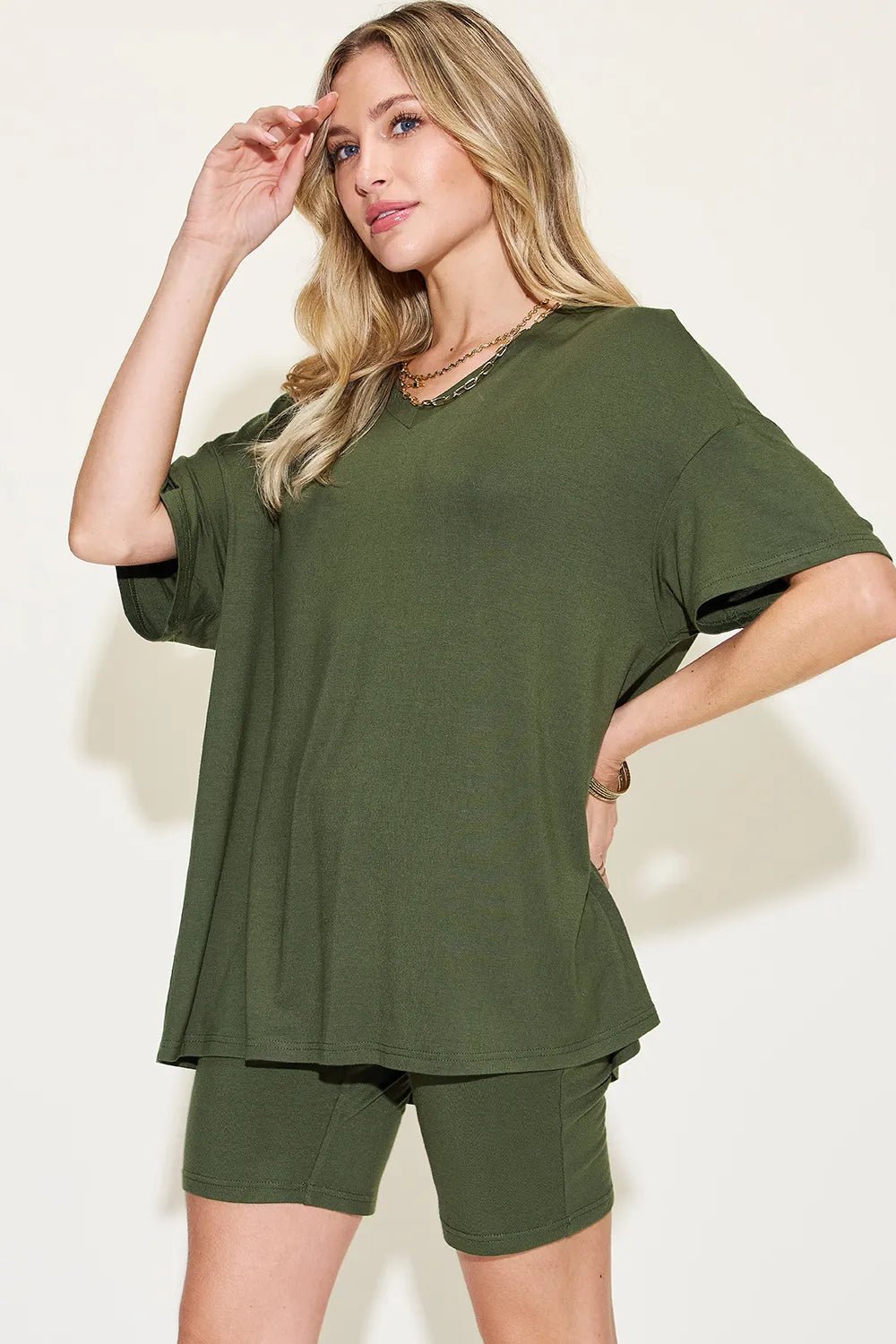 Basic Bae Full Size V - Neck Drop Shoulder T-Shirt and Shorts Set in Matcha Green