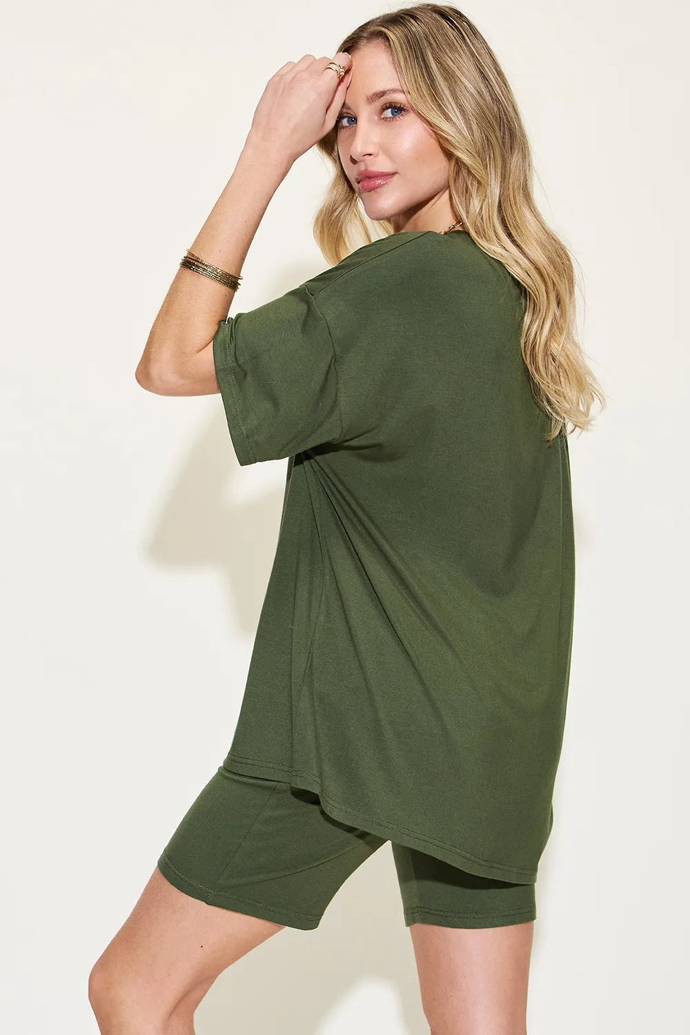 Basic Bae Full Size V - Neck Drop Shoulder T-Shirt and Shorts Set in Matcha Green