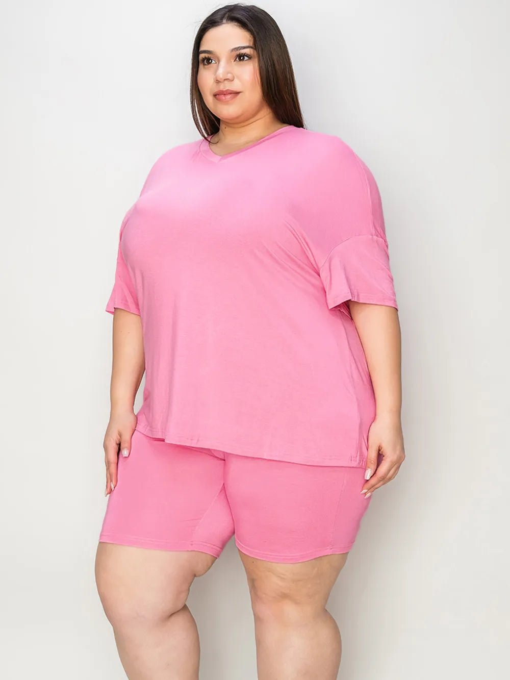 Basic Bae Full Size V - Neck Drop Shoulder T-Shirt and Shorts Set in Pink