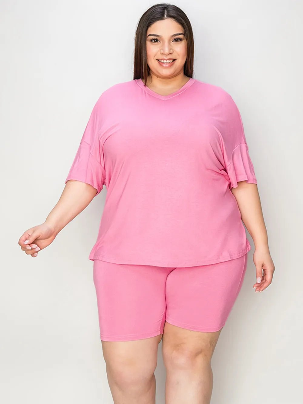 Basic Bae Full Size V - Neck Drop Shoulder T-Shirt and Shorts Set in Pink