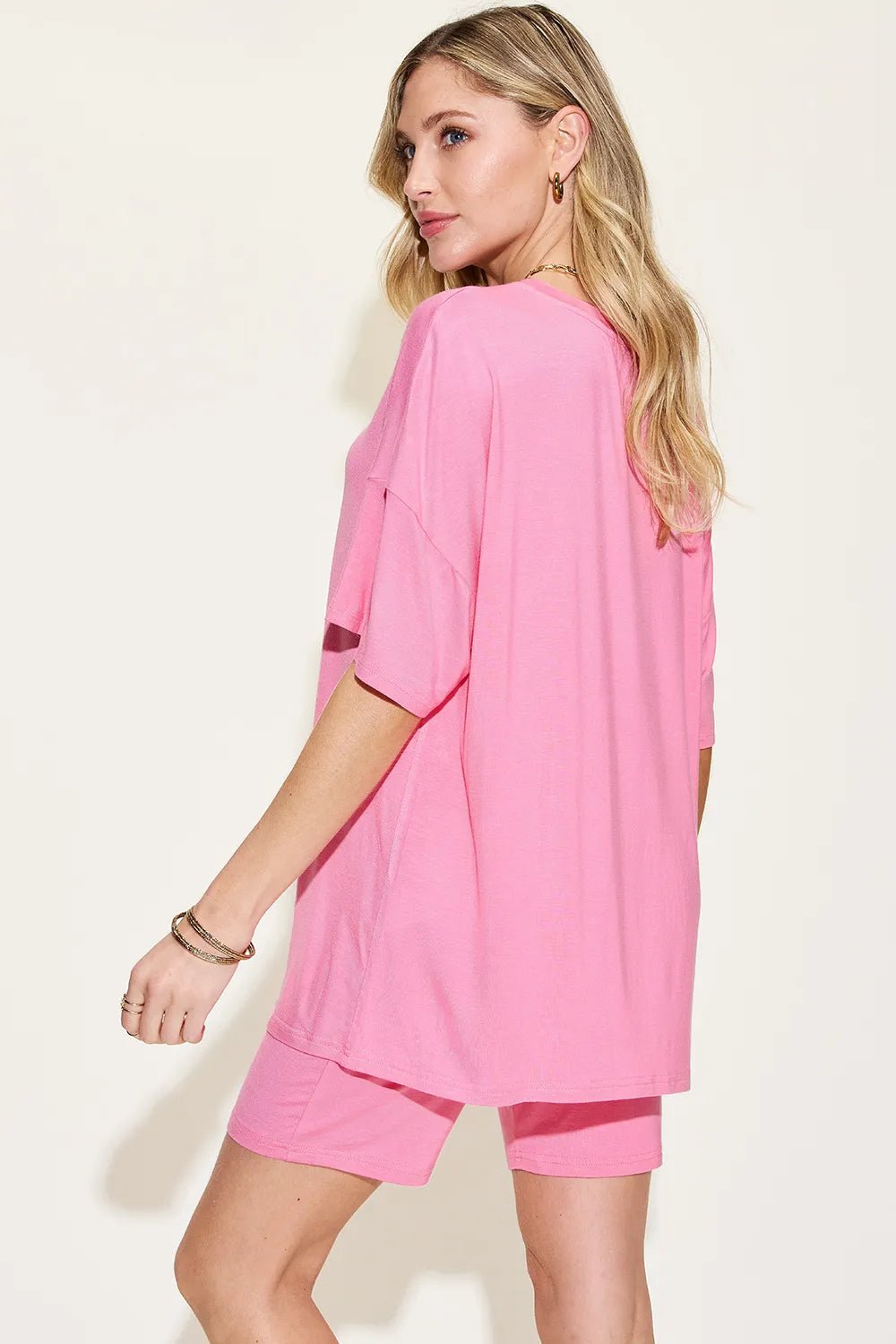 Basic Bae Full Size V - Neck Drop Shoulder T-Shirt and Shorts Set in Pink