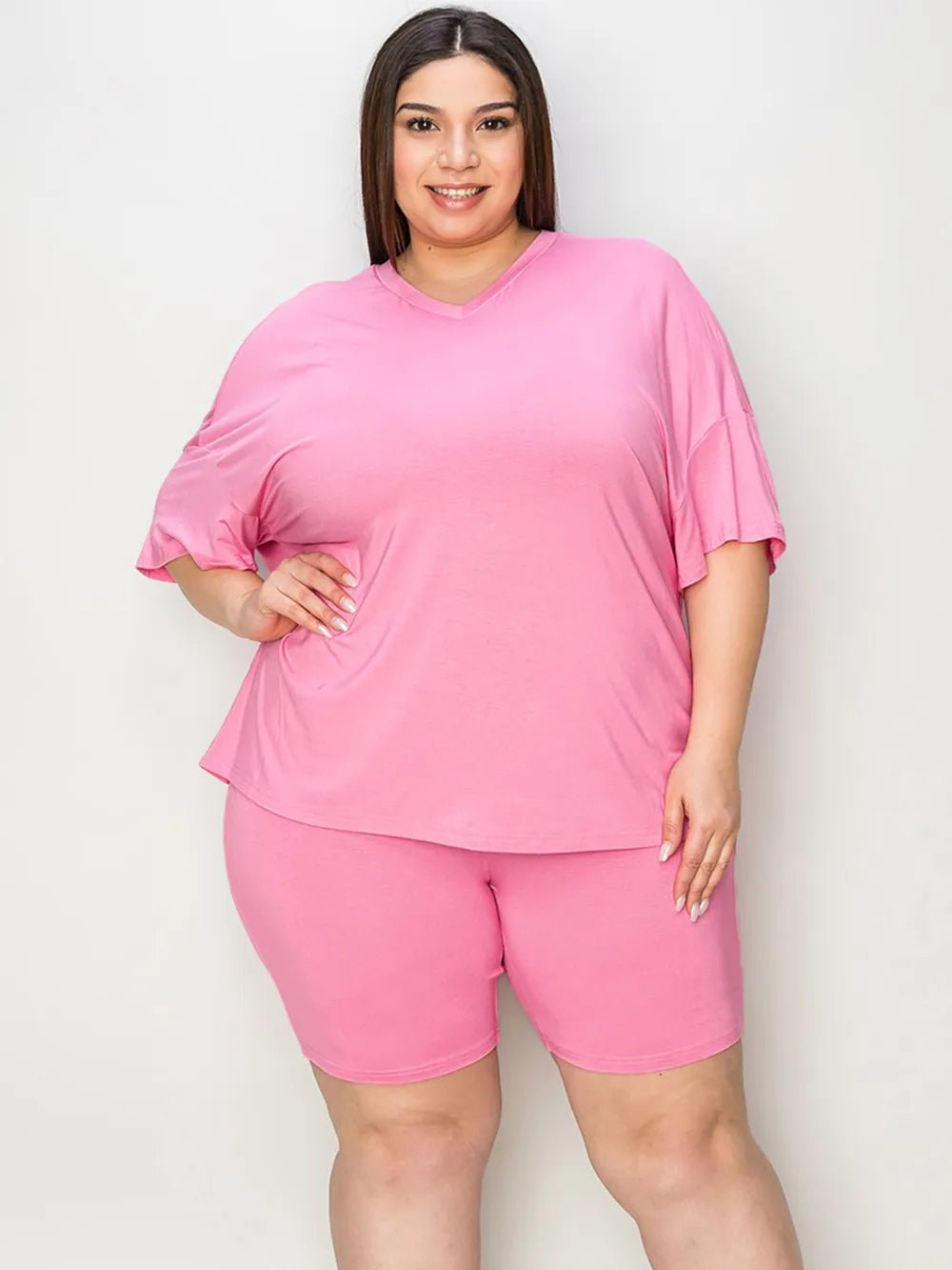 Basic Bae Full Size V - Neck Drop Shoulder T-Shirt and Shorts Set in Pink