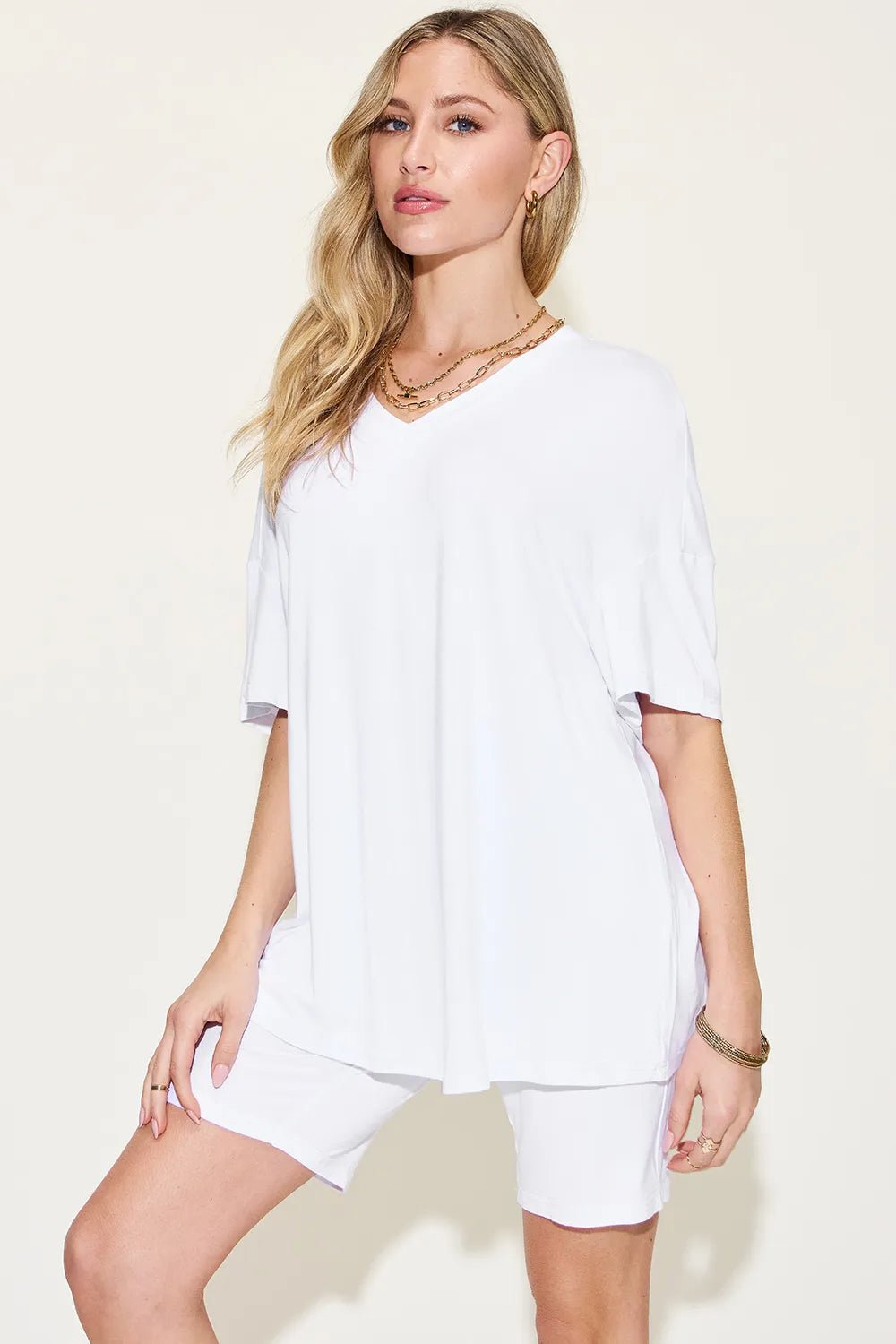 Basic Bae Full Size V - Neck Drop Shoulder T-Shirt and Shorts Set in White
