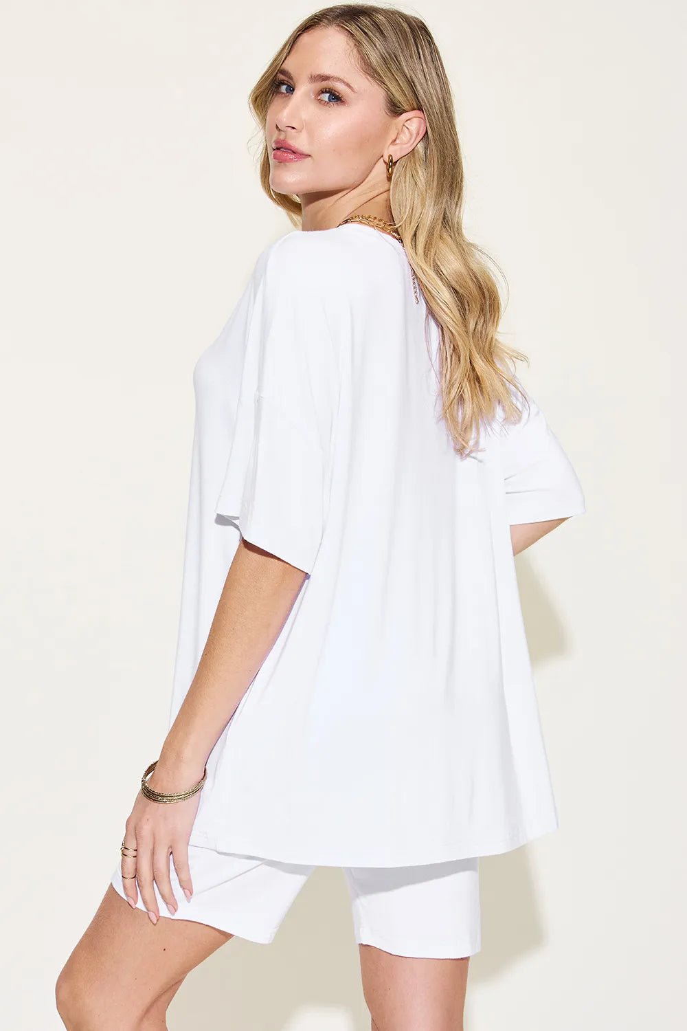 Basic Bae Full Size V - Neck Drop Shoulder T-Shirt and Shorts Set in White