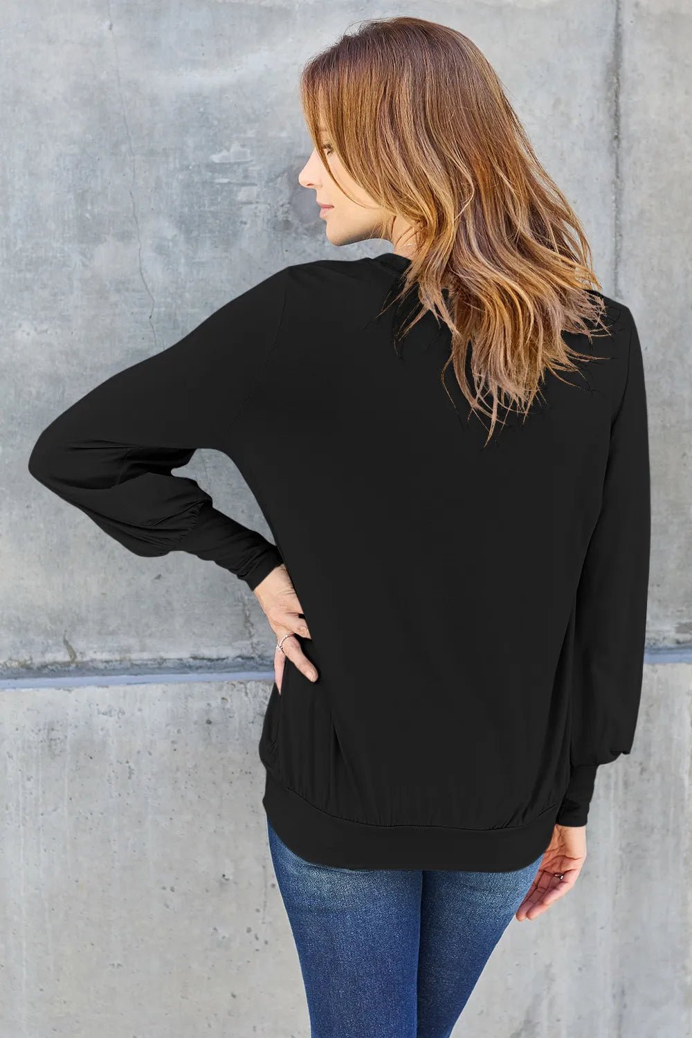 Basic Bae Full Size V - Neck Lantern Sleeve Top in Black