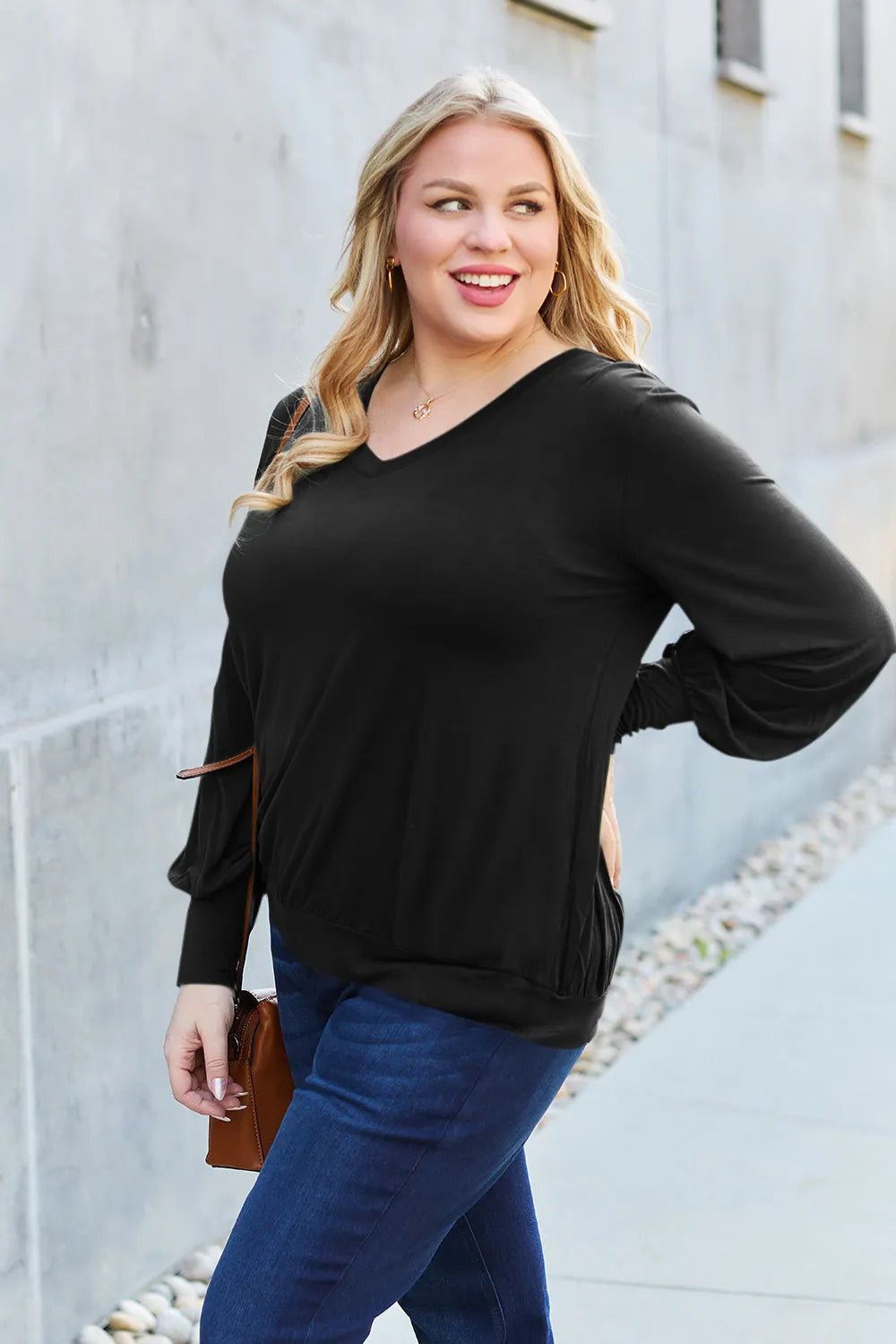 Basic Bae Full Size V - Neck Lantern Sleeve Top in Black