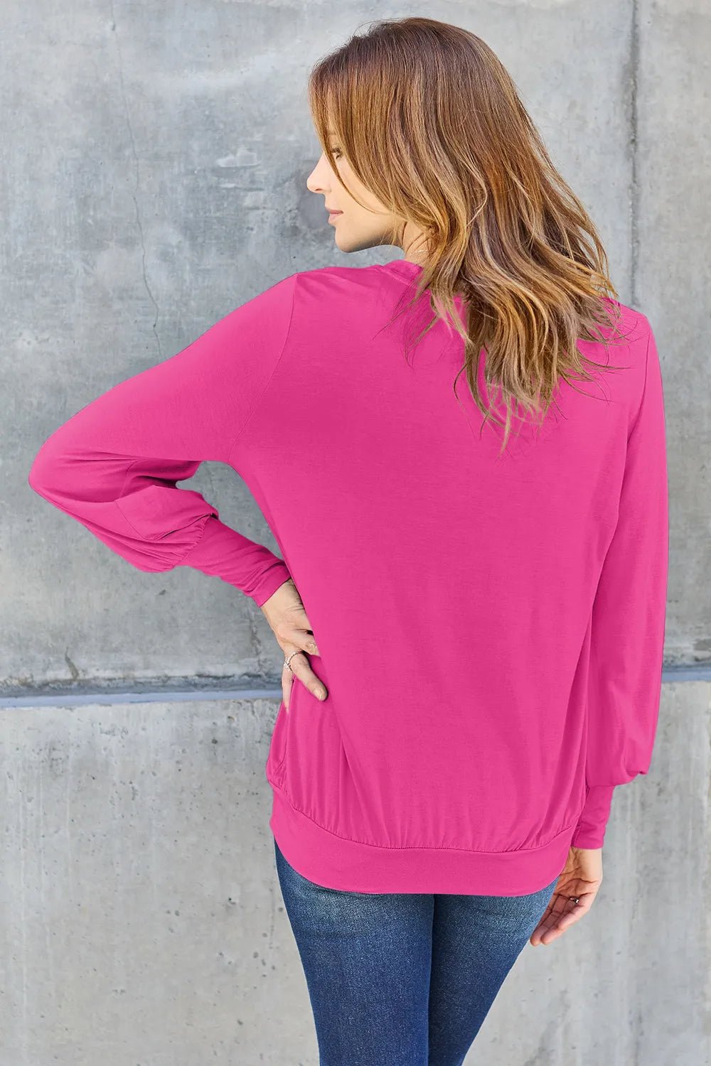 Basic Bae Full Size V - Neck Lantern Sleeve Top in Hot Pink