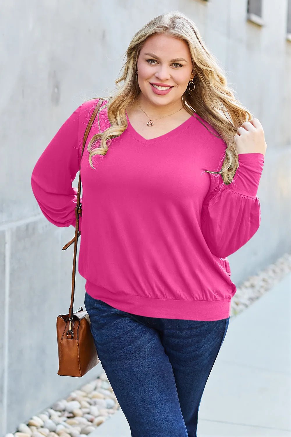Basic Bae Full Size V - Neck Lantern Sleeve Top in Hot Pink